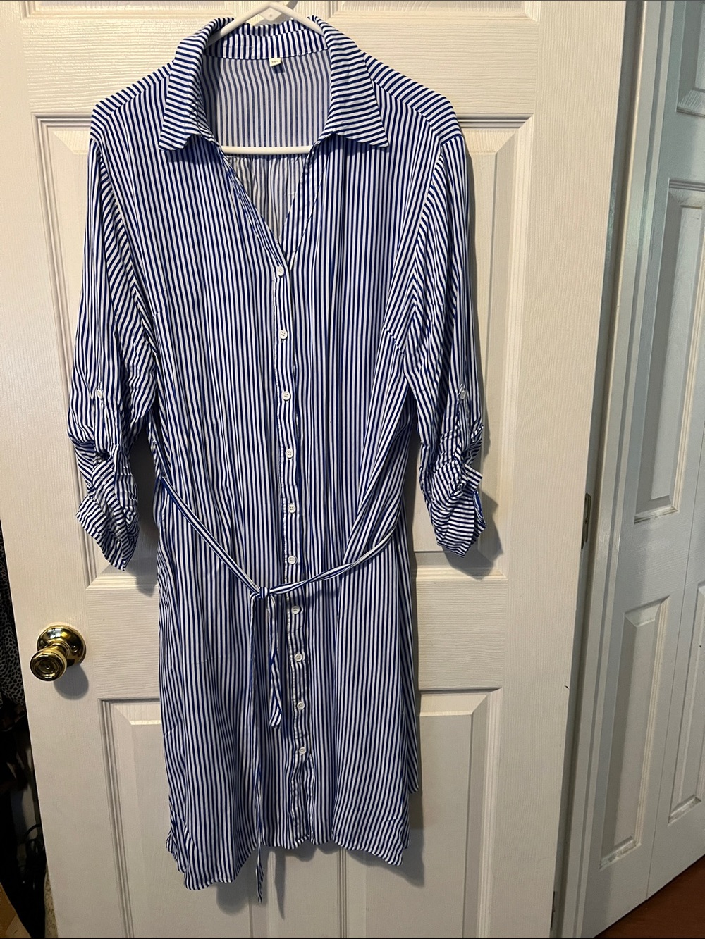 Blue and White Striped Button-Front Midi Dress